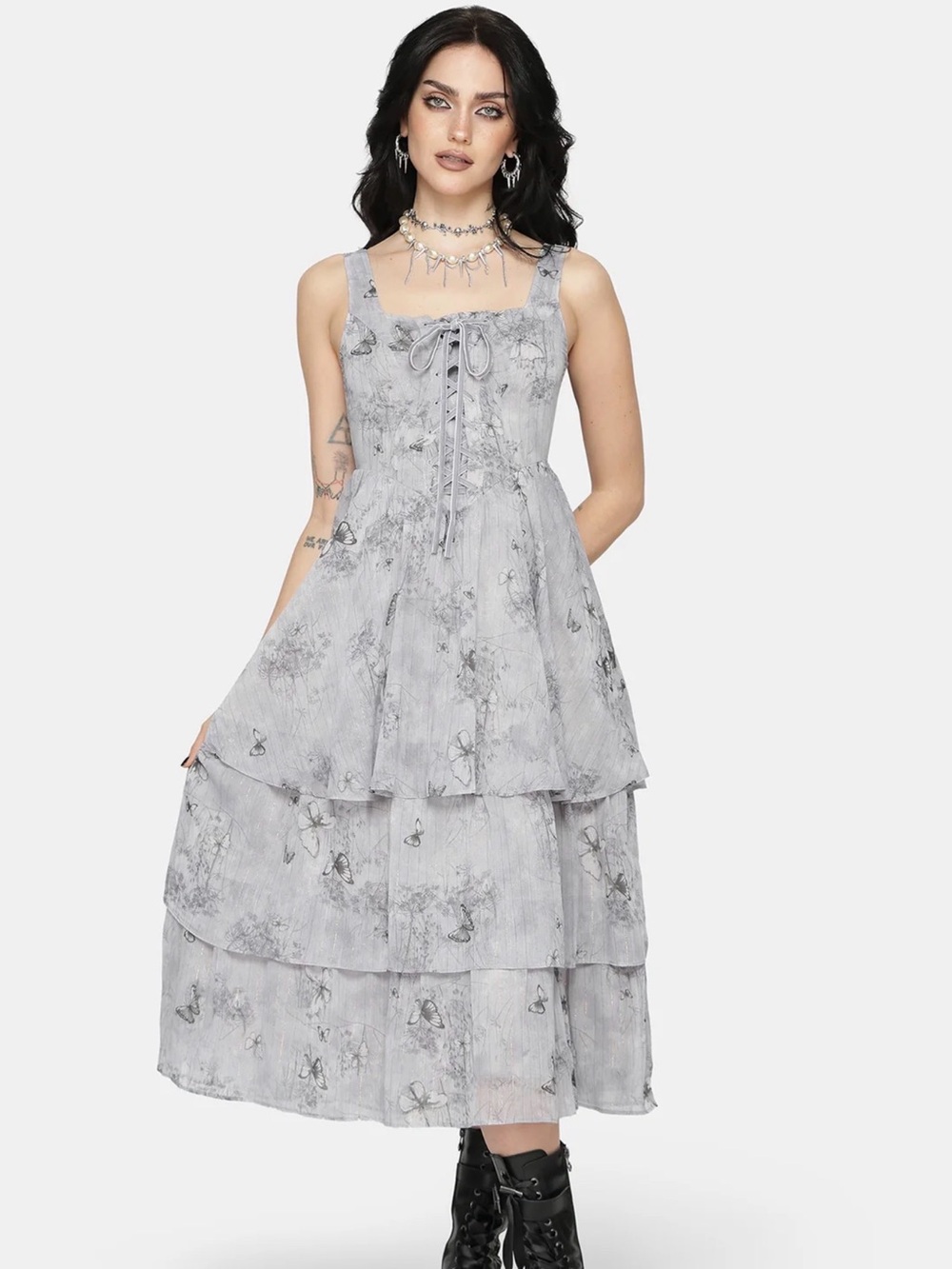 Disturbia Gray Floral Tiered Maxi Dress with Lace-Up Front